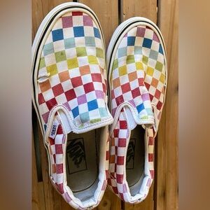 VANS Rainbow Checkered Slip Ons Canvas Skate Board Shoes Sizes Mens 5 Womens 6.5